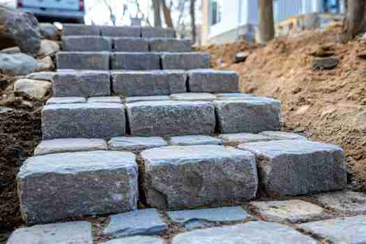 Cobblestone stairs Garden Guys crew installing cobble stone steps