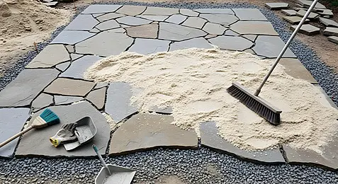 Polysand Crushed stone base, polymeric sand and natural stone patio